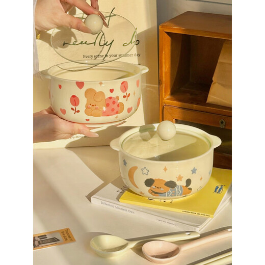 Tuojin imported quality Korean-style cute cream-style puppy double-ear instant noodle bowl from Japan. Ceramic large bowl for student dormitory. Korean-style instant noodle bowl-Flower Rabbit (without lid)