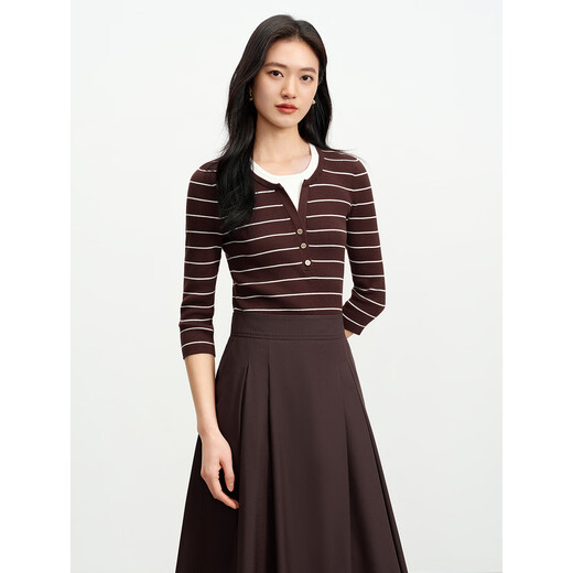 JUZUI ageless fake two-piece striped short-sleeved sweater for women 2026 spring new style JWGC31205 Barbecue Cafe M