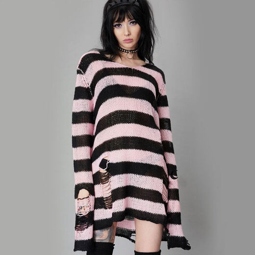 
Yuanle Shen mid-length punk dark versatile European and American ripped autumn and summer sweater for women couple stripes loose niche sweater new red one size