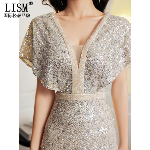 LISM designer international light luxury brand silver deep fishtail evening dress noble lady light luxury dress 2026 new banquet silver S