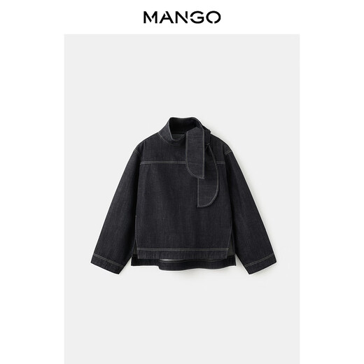 MANGO Women's Single Clothing 2026 Spring New Casual Cotton Tie Collar Denim Shirt Top Black M