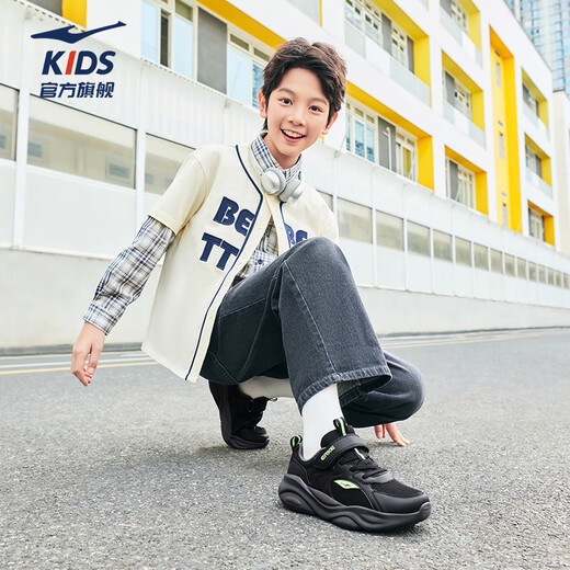 Hongxing Erke Children's Sports Shoes for Boys and Girls 2026 Spring and Summer New Mesh Velcro Lightweight Casual Running Shoes | Sichuan Line 4 Men's Secret Mesh Black/Fluorescent Energy Green 31