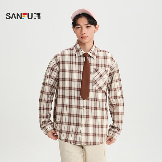 SANFU 2026 Spring Men's Big Star Tie Long Shirt Casual Lapel Drop Shoulder Top 518888 Brown M