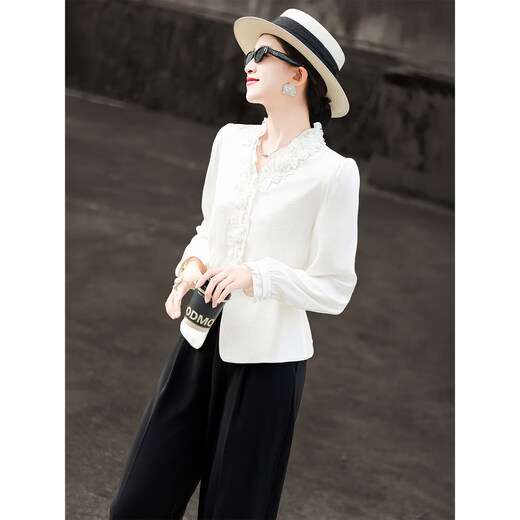 Lancer 2026 early spring new style French romantic style lace splicing acetate long-sleeved V-neck shirt top off-white M