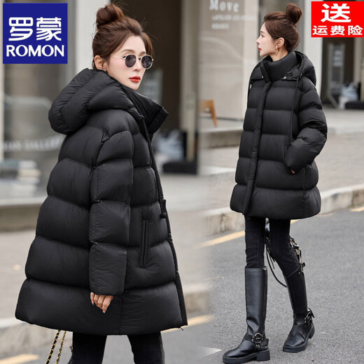 ROMON High-end Puff Hooded Down Jacket Women's Mid-Length 2025 Winter New Style Covering Buttocks, Western Style Thickened Warm Jacket, Black M