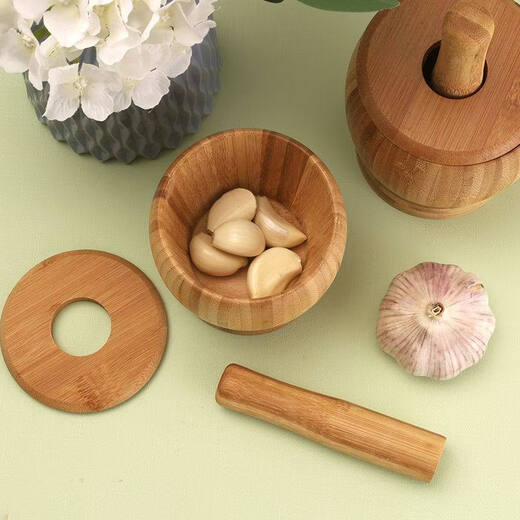 Tuojin natural bamboo mashing jar household old-fashioned garlic mortar with lid old style manual masher bamboo grinding medicine jar with lid large 11CM*11CM with stick
