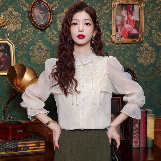 Playboy (PLAYBOY) new Chinese style fungus edge stand collar chiffon shirt for women spring sweet tassel button-down shirt ruffled bell sleeve top official flagship picture color top M 90-100