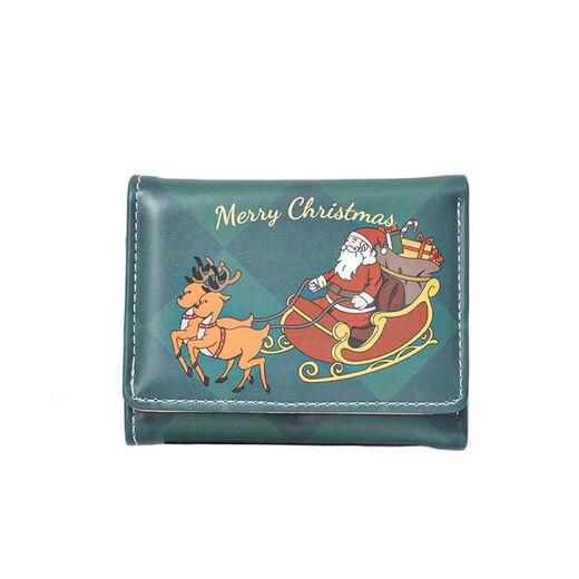 Henglan Cute Cat Little Tail Girl Student Gift Folding Wallet Multiple Card Slots Card Holder Coin Purse Santa Green 1 piece Regular Edition