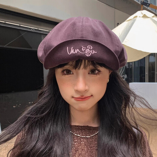 Sweet flip-brimmed cloud beret for women spring and summer thin breathable face-showing little painter hat cute purple one size (54-59cm)