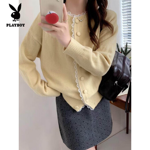 花花公子(PLAYBOY)法式春秋冬蕾丝花边时尚单排扣温柔风宽松甜美针织毛衣开衫外套女 浅黄色 S 建议70-95Jin Jin等于0.5千克