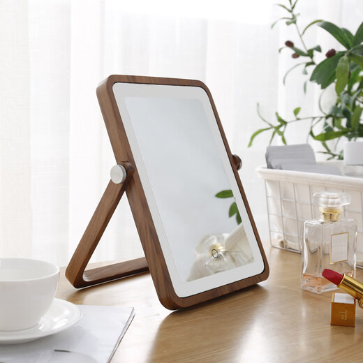 Solid wood LED desktop makeup mirror, foldable and rechargeable desktop makeup mirror with light, girls dormitory fill-in mirror, North American walnut