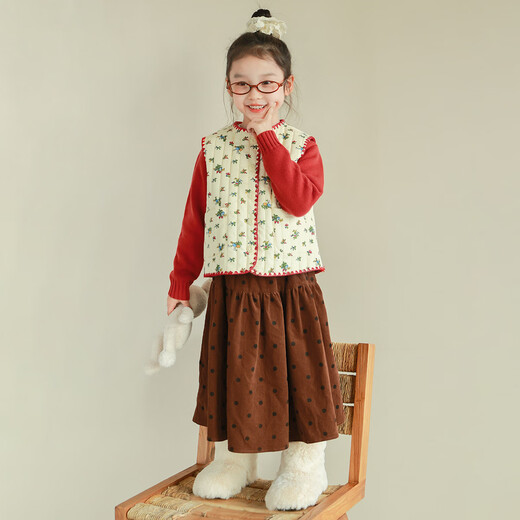 UTOUTO Big Ear Elephant Girls Small Polka Dot Skirt 2024 Winter New Style 2408012 Caramel Brown 100
