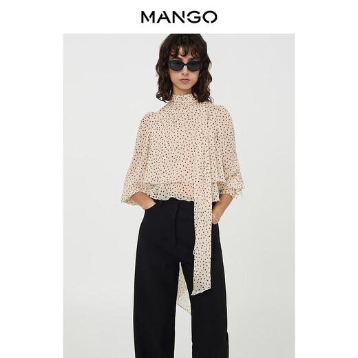 MANGO Women's Shirt 2026 Spring New French Polka Dot Tie Collar Ruffled Short Shirt Light Beige M
