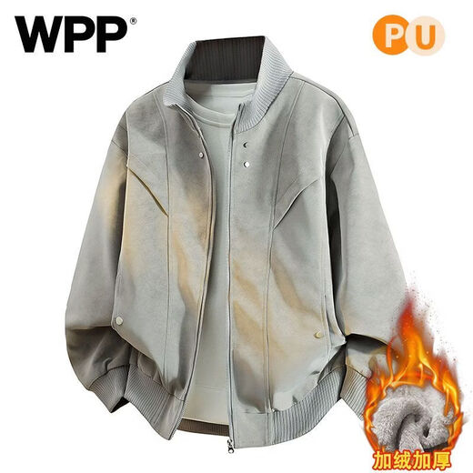 WPP American Rib Stand Collar Pilot PU Leather Jacket Men's Autumn and Winter Riveted Large Size Velvet Thickened Jacket Velvet Style - Light Gray M Recommended 90-110 Jin Jin equals 0.5 kg