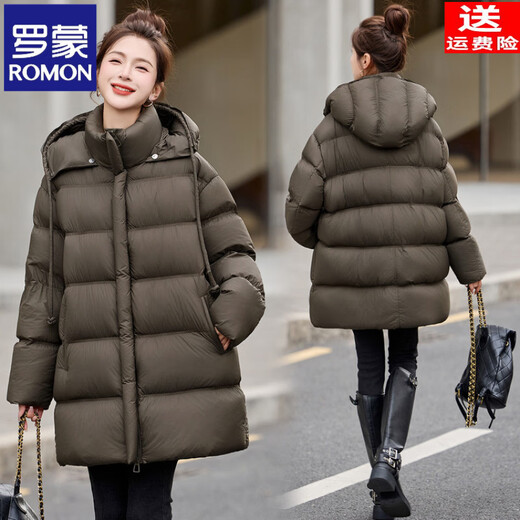 ROMON High-end Puff Hooded Down Jacket Women's Mid-Length 2025 Winter New Style Covering Buttocks, Western Style Thickened Warm Jacket, Black M