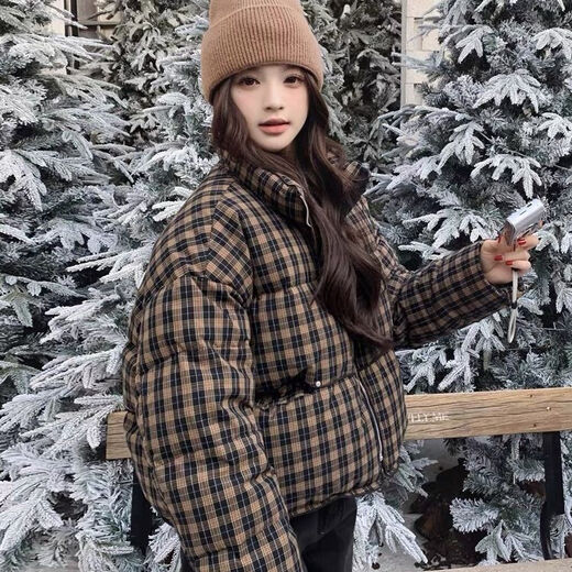 Playboy (PLAYBOY) Plaid Down Jacket Women's Short Stand Collar 2026 New Retro Small Loose Thick White Duck Down Bread Jacket Trendy Official Flagship Off-White S 90-130Jin Jin is equal to 0.5 kg