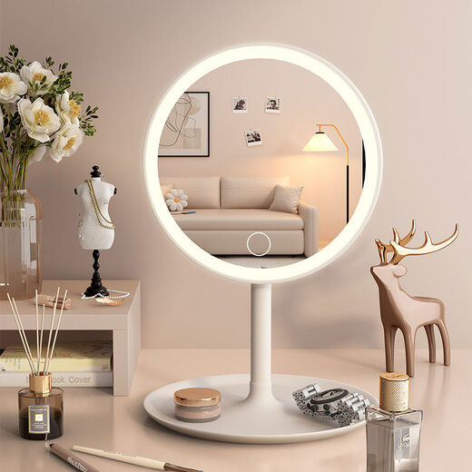 Cosmetic mirror with light, home LED mirror, student dormitory office, desktop desktop cosmetic mirror, portable, ultra-high screen, high-definition LED monochrome lamp bead model - round mirror