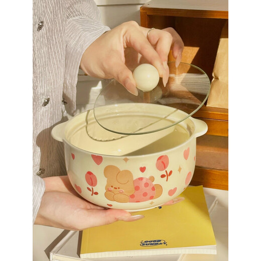 Tuojin imported quality Korean-style cute cream-style puppy double-ear instant noodle bowl from Japan. Ceramic large bowl for student dormitory. Korean-style instant noodle bowl-Flower Rabbit (without lid)