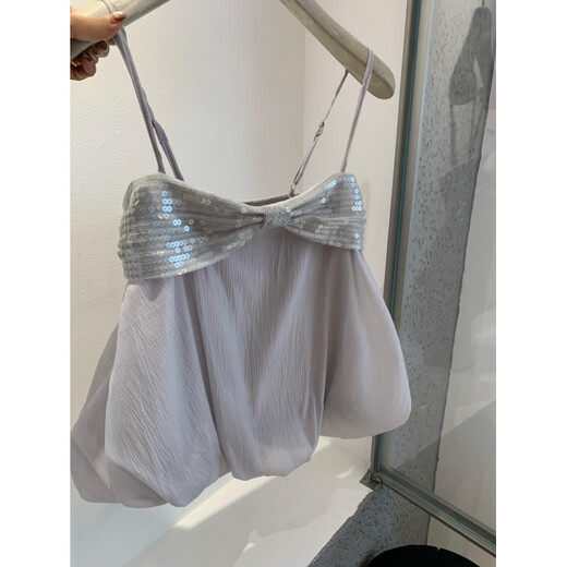 Fanzhefu Sexy Sequined Bow Tube Top for Women Spring and Autumn Layered Flower Skirt with Top Top Gray S