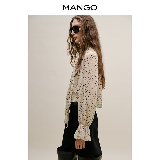 MANGO Women's Shirt 2026 Spring New French Polka Dot Tie Collar Ruffled Short Shirt Light Beige M