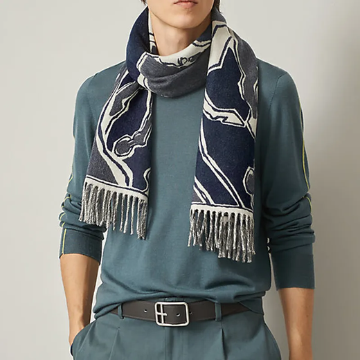 Hermes (HERMES) 26th new model Dance of the Horse cashmere tasseled Year of the Horse scarf same style for men and women New Year gift navy blue H393576T-01