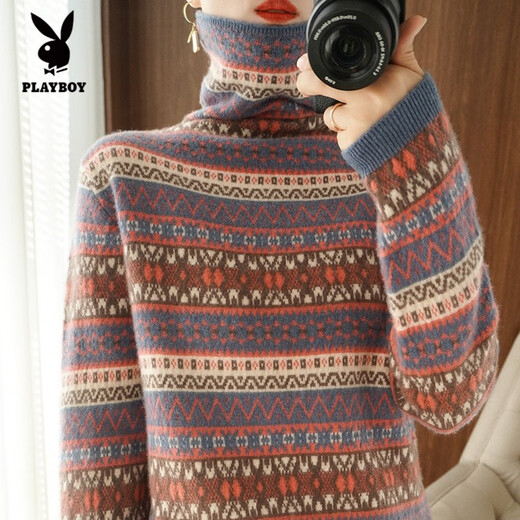 Playboy (PLAYBOY) Fair Isle Retro Jacquard Knitted Sweater Women's Turtleneck Sweater Autumn and Winter New Thick Pullover Versatile Knitted Sweater Women Red S Recommended 85-95Jin Jin equals 0.5 kg