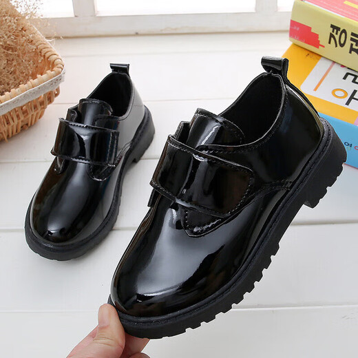 Zhunwu boys' leather shoes black children's campus small leather shoes soft sole performance shoes new performance little boy British student black Velcro style 36 size inner length 22cm