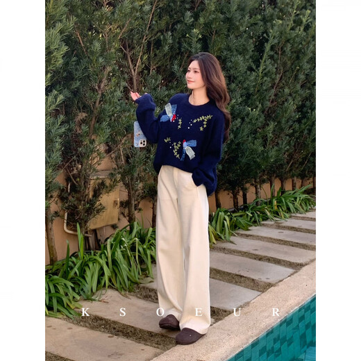 KSOEUR K Sister Good Luck Koi Heavy Industry Exquisite 50% High Ratio Angora Goat Wool Sweater Quiet Blue S 85-105Jin Jin is equal to 0.5 kg