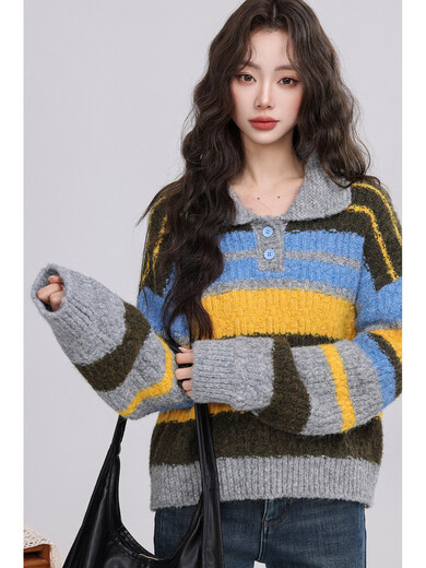Youxiang frost dyed autumn sweater retro striped color matching polo collar thickened lazy sweater for women 2025 winter new style blue and yellow stripes S