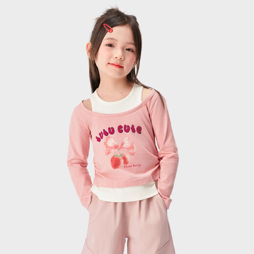 Tutu Little Elephant Girls Long Sleeve T-shirt 2026 Spring New Children's Clothing Fake Two-Piece Bottoming Shirt Older Children's Dopamine Contrast Color Top Pink 110 Height About 110cm