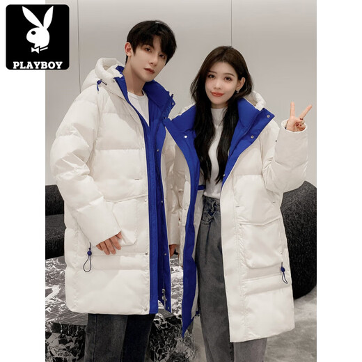 Playboy (PLAYBOY) Down Jacket Men's Medium Long Couple Women's 2025 Winter New National Fashion Brand Thickened Youth Over the Knee White (Male) XL (Recommended 140-155 Jin Jin equals about 0.5 kg)