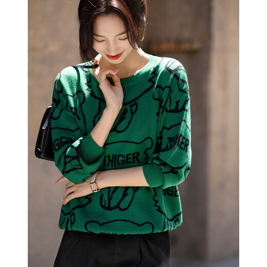 Demana wool lettered sweater, spring and autumn round neck off-shoulder long-sleeved sweater for women