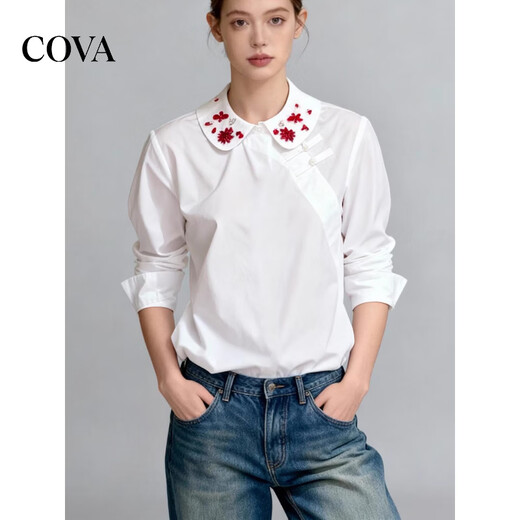 COVA international first-line brand 2026 design new Chinese style national style white long-sleeved shirt embroidery small heavy industry white shirt S