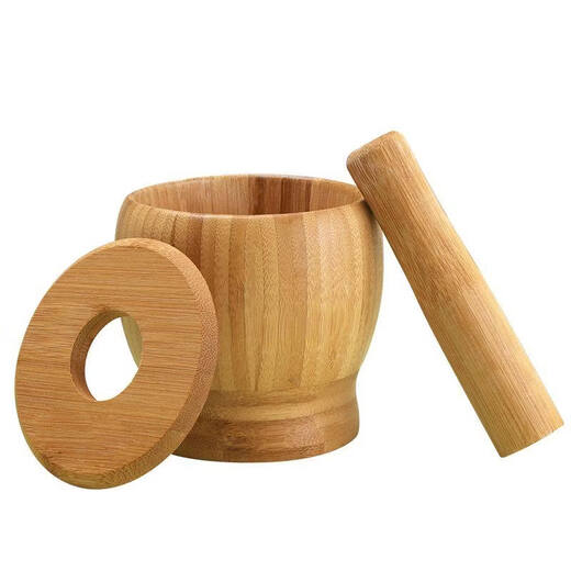 Tuojin natural bamboo mashing jar household old-fashioned garlic mortar with lid old style manual masher bamboo grinding medicine jar with lid large 11CM*11CM with stick