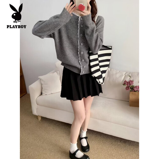 花花公子(PLAYBOY)法式春秋冬蕾丝花边时尚单排扣温柔风宽松甜美针织毛衣开衫外套女 浅黄色 S 建议70-95Jin Jin等于0.5千克