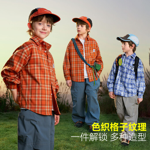 ASK JUNIOR children's shirt 2026 spring medium and large children's plaid contrast lapel long-sleeved shirt for boys and girls same style jacket orange 170