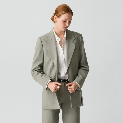 THEORY Women's Wool Suit Jacket Elastic Neck Minimalist Tailored Business Casual Slim Suit Vetiver Green XS 28
