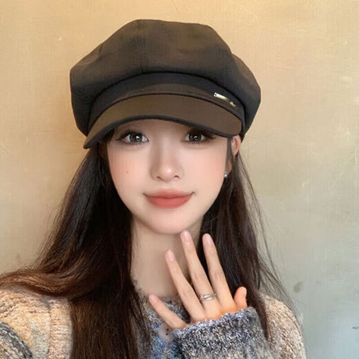 Yunpo beret women's spring and summer octagonal hat with large head circumference, new peaked cap, art painter hat, small face, fashionable and western style, octagonal beret, black, adjustable, small face, one size fits all