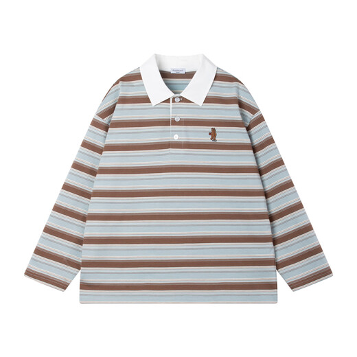 Mucmukn Study Bear College Style Retro Fake Two-Piece Striped Polo Shirt for Boys and Girls 26 Spring New Style Blue Brown Strips 110 cm