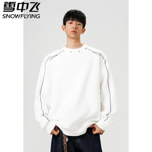 Snow Flying (SNOWFLYING) Retro Edition Top-stitched Rivet Round Neck Sweater Men's 2026 New Spring Trendy Brand Loose Couple Versatile Pullover Top Light Gray M Recommended 95-110 Jin Jin equals 0.5 kg