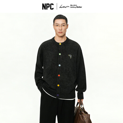 NPC trendy brand chest embroidery air glutinous rice velvet knitted cardigan rainbow flocking buckle winter men NP5CSW06 dark gray M
