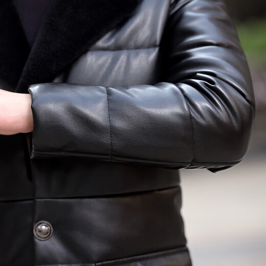 YISHION Haining new winter leather jacket men's mid-length lambswool lapel Korean style slim youth casual jacket black M