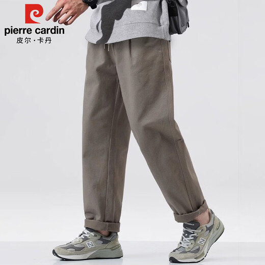 Pierre Cardin casual pants men's spring fashion brand loose American overalls men's pure cotton wide-leg long pants camel gray M