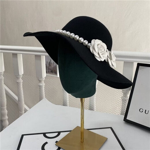Shijanu French retro Hepburn style black bridal hat with pearl flowers, elegant British style, model basic style (suede), diameter 40cm S (54-58cm)