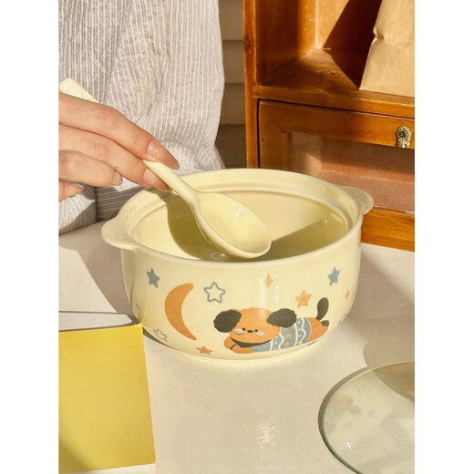 Tuojin imported quality Korean-style cute cream-style puppy double-ear instant noodle bowl from Japan. Ceramic large bowl for student dormitory. Korean-style instant noodle bowl-Flower Rabbit (without lid)
