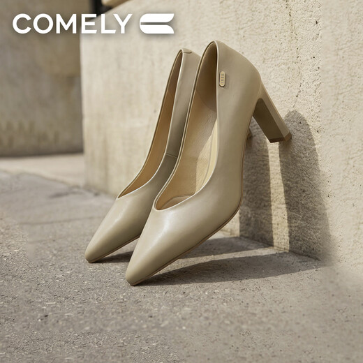 COMELY high-heeled shoes for women 2026 new style non-tiring versatile shoes spring genuine leather thick heel work shoes Milk Tea Apricot 37