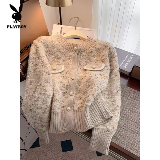 Playboy (PLAYBOY) French style small fragrance sweater jacket for women spring, autumn and winter new style thickened and super nice knitted cardigan top for women khaki L recommended 105-115Jin Jin equals 0.5 kg