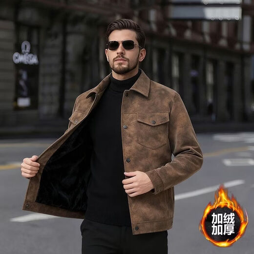 Autumn, spring and autumn velvet thickened men's jacket lapel style new fashion brand trend versatile casual leather jacket for men 2566 brown velvet 5XL