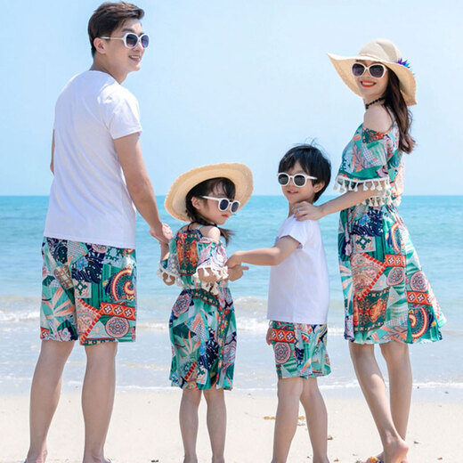 Beach parent-child wear, different mother-daughter dress, suspender short-sleeved suit, summer style for a family of three or four, men's suit/women's dress 160, girl's skirt size 160 (recommended weight 78 Jin Jin equals about 0.5 kg)