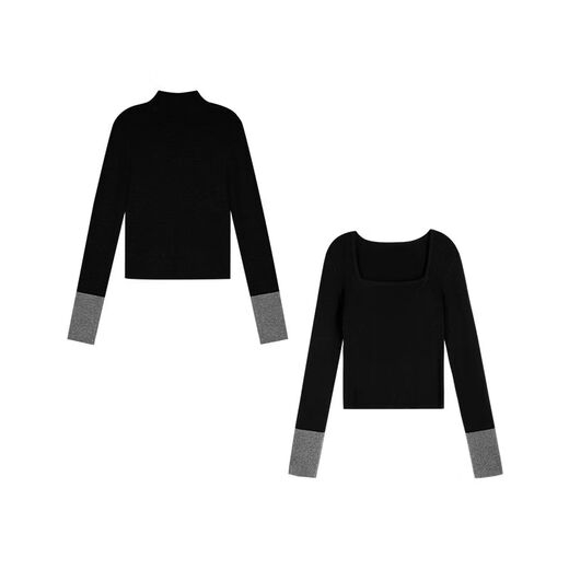 Contrast color long-sleeved sweater for women, niche slim fit, versatile and temperamental base layer top, black and gray half turtleneck S S